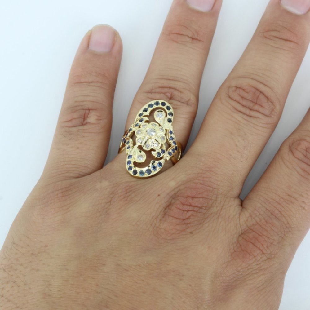 18k Yellow Gold Diamond & Blue Sapphire Flower Floral Anniversary Statement Ring - Picture 8 of 8